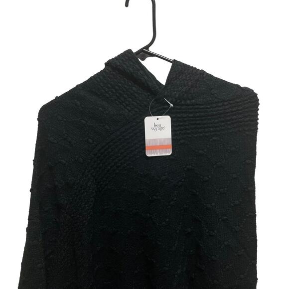 Bon Voyage Black Asymmetrical Fringe Hooded Poncho Sweater Small NWT - Picture 2 of 6